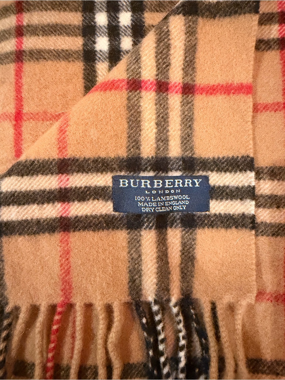 Burberry Camel Classic Check Scarf with Red and Black Accents